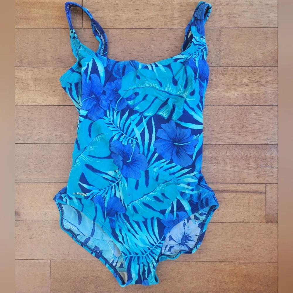 Speedo One Piece Swimsuit Size 8 Blue Tropical Floral Athletic Swim - Picture 6 of 6